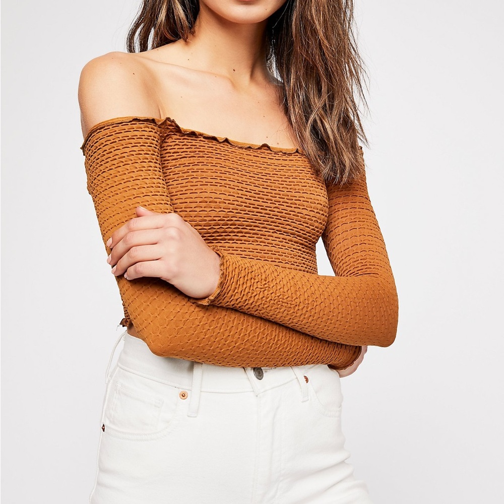 Free People Intimately Textured Crop Top XS/S Antique Gold Off Shoulder Boho